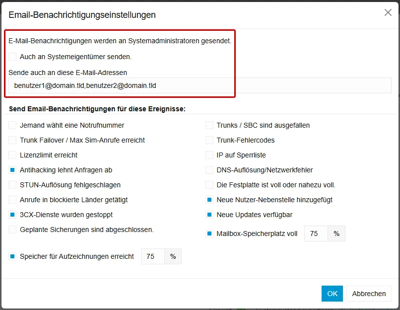 3CX - E-Mail-Benachrichtigungen