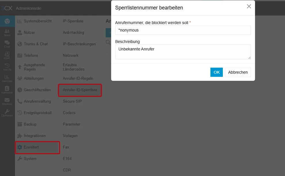 3CX - Anrufer ohne ID abweisen